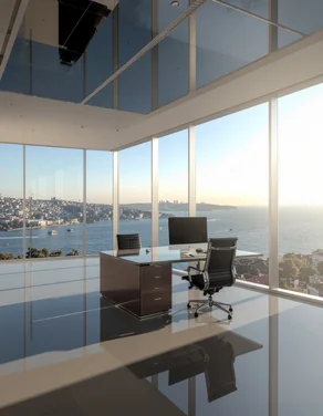 Kadıköy Ofis – Güneş Kontrol Cam Filmi Uygulaması Kadıköy’de Boğaz manzaralı ofis; güneş kontrol cam filmi ile donatılmış geniş cam cephelerden süzülen doğal gün ışığıyla aydınlanan modern çalışma alanı.